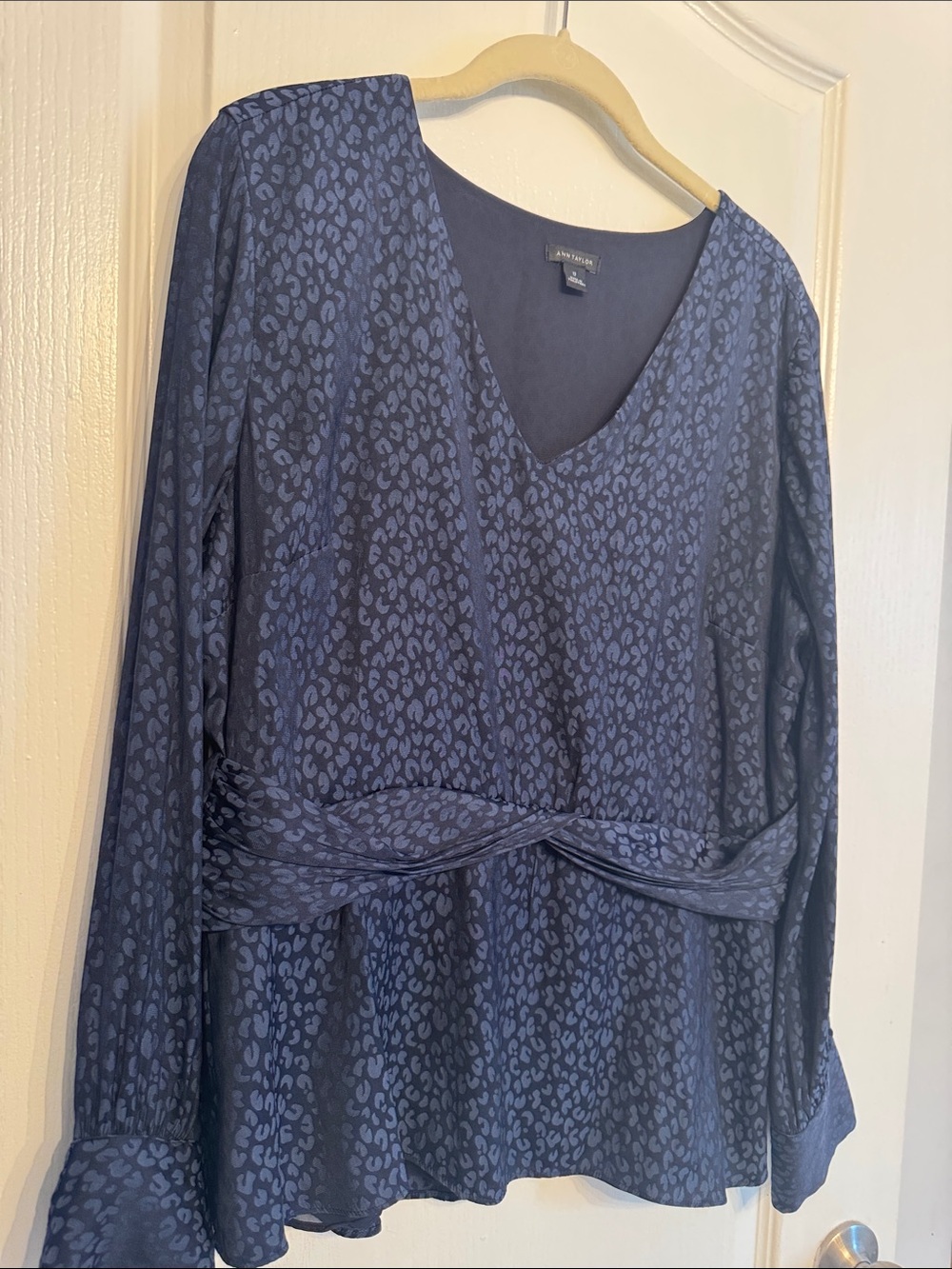 Anne Taylor Navy Blue Leopard-Print Twist-Waist Long-Sleeve Dress